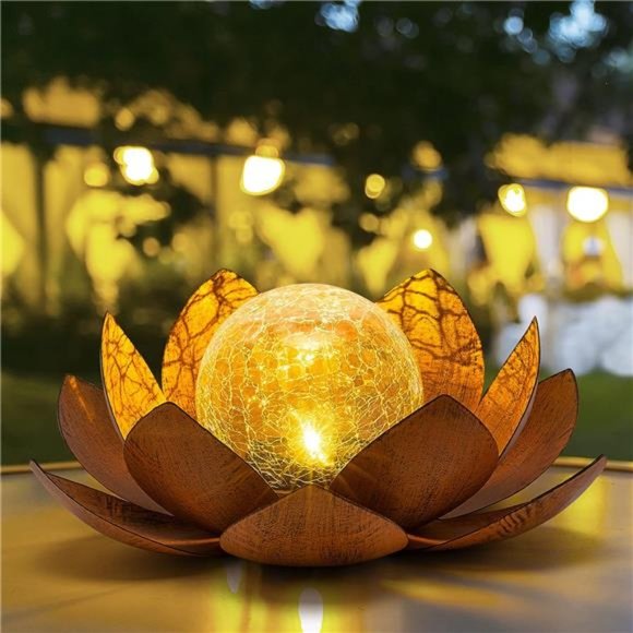 (2Pack) Crackle Globe Glass Lotus Solar LED Waterproof Metal Flower Lights